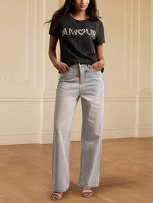 Women's Casual Slim-Fit Crystal T-Shirt With Faded Letter Tie-Dye Pattern For Spring And Summer, Suitable For Daily Wear - Black - View 4