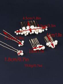 5pcs Elegant Handmade Faux Pearl U-Shaped Hair Combs And Hair Pins Headpiece, For Wedding And Bridal Decoration - Gold - View 3