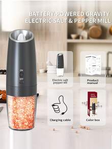 CLITON 重力感應電動鹽與胡椒研磨器,USB-C可充電香料研磨機,附LED燈,可調節研磨粗細,135ml可視大容量磨砂外觀,頂部研磨無殘留,附充電指示燈,適用廚房與燒烤 - 彩色 - 查看 11