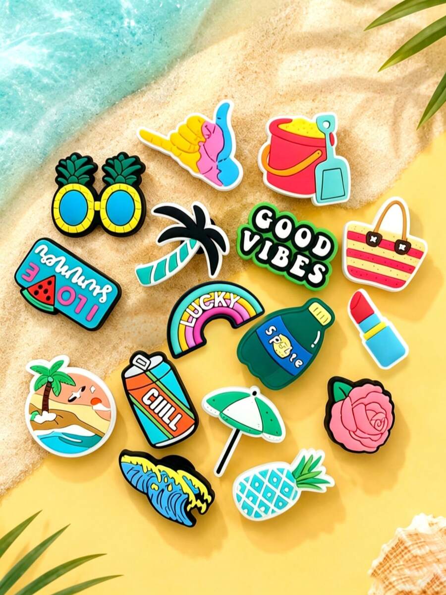 16 Pieces / Sets. A Set Of Beach Vacation Series PVC Shoe Decorations, Suitable For DIY To Make Shoes With Holes. It's A Great Gift For Friends. - Cadet Blue - View 1