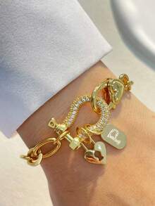 1pc Gold Diamond Horseshoe Buckle Letter Bracelet, A-Z Letter Lock Bracelet, Diamond Letter Double Buckle Chain, Stainless Steel, Unique Luxury Chain - Yellow Gold - View 30