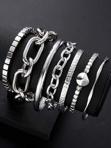 6pcs Fashion Punk Street Casual Minimalist Hip-Hop Style Geometric Pattern Beaded Bracelet Set For Men, Vacation Party Date Travel Shopping Beach Daily Wear Versatile Combination - Silver - View 6