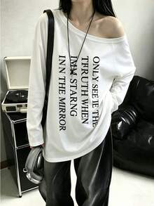 女款長袖露肩T恤，白色聚酯纖維材質，不對稱領口設計，展現時尚休閒風格 - 白色 - 查看 4