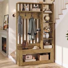 LITTLE TREE Wall Room Divider With Shelves And Coat Hooks, 5-In-1 Freestanding Partition With Bench For Entryway, Living Room, Brown - Brown - View 9