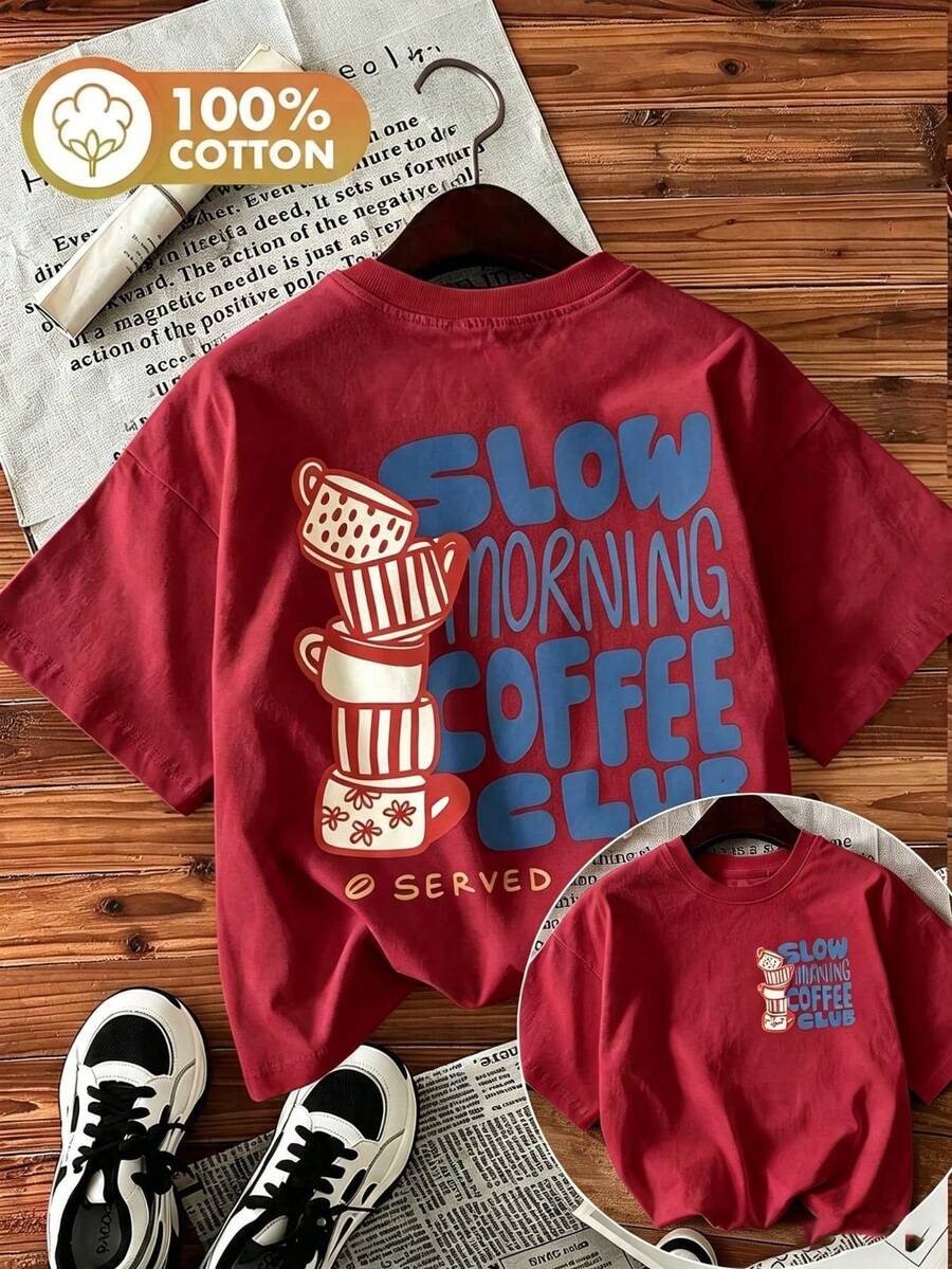 Women's Double-Sided Print Coffee Cup Tee, Hand-Painted Style "Slow Morning Coffee Club" Graphic, Round Neck Short Sleeve 100% Cotton Summer Top - 酒紅色 - 查看 1