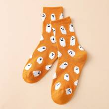 1pair Women's Funny Ghost Pattern Mid-Calf Socks, Halloween - Ginger - View 7