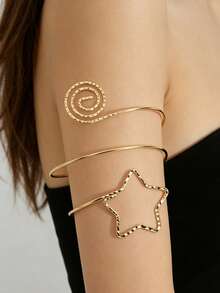 Brazalete minimalista de moda con círculo & estrella de cinco puntas, brazalete abierto - Dorado - Ver 6