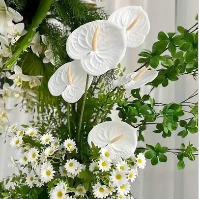 2/9Pcs Artificial Anthurium Flowers, Faux Flamingo Lily/Tailflower Stems, Realistic Fake Tropical Flowers For Bedroom, Home, Room, Indoor Outdoor Garden Decor, Wedding Party Vase Arrangements ﻿