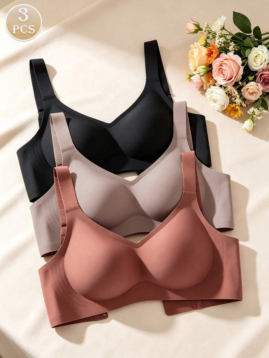 3pcs/Set Minimalist Comfortable Sports Bra For Women, Anti-Sagging, Solid Color, Wire-Free - Multicolor - View 1