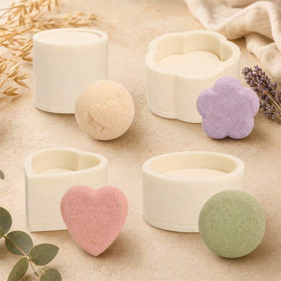 4 Shapes Bath Bomb Mold 3D Heart Flower Round Disc Sphere Shampoo Press Bar Mold DIY Solid Plastic Handmade Soap Mould Round Ball Shaped Shampoo Soap Mold Soap Making