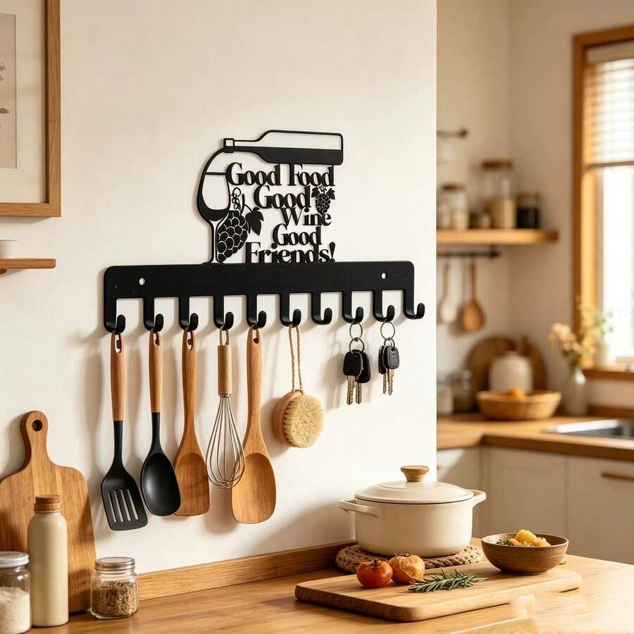 Good Food Good Wine English Iron Wall Decor Hook, Home Kitchen Utensil Apron Storage Rack, Restaurant Wall Multi-Function Hanging Rack, American Restaurant Wall Decor Key Coat Hook, Holiday, Home Decor, Perfect Gift - View 1