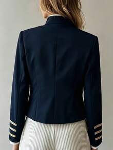 Women's Navy Style Long Sleeve Button Jacket - Navy Blue - View 2