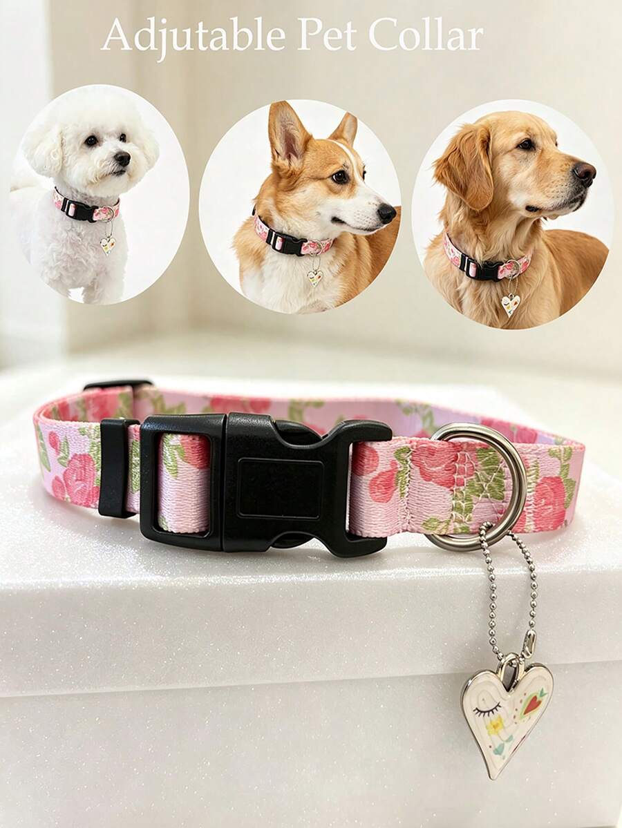 1pc Durable Nylon Pet Collar, Adjustable Collar With Heart Pendant, Suitable For Dogs - Multicolor - View 1
