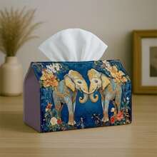 1pc Exotic Folk Art Tissue Box (Double Elephant & Floral Pattern), Available In 2 Sizes, Durable Napkin Holder For Car, Kitchen, Restaurant, Home Decor, Decorative Desktop Party Tissue Box, Holiday Decoration, Suitable For Bedroom, Living Room And Outdoor Gatherings - Multicolor - View 2
