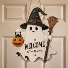 Ghost Welcome Door Hanger, Cute Halloween Ghost Sign, Witch Hat Decoration, Wooden Halloween Door Plaque - Multicolor - View 5