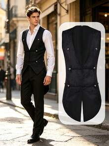 [Halloween & Christmas Bestseller]Dark Gothic Jacquard Vest, Vintage Double-Breasted Slim Fit Waistcoat, Medieval Steampunk Corset Outerwear, Stage Cosplay Costume, Halloween Masquerade Theme Party Outfit - Black - View 1