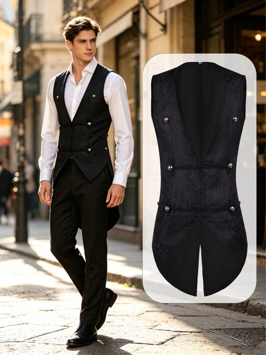[Halloween & Christmas Bestseller]Dark Gothic Jacquard Vest, Vintage Double-Breasted Slim Fit Waistcoat, Medieval Steampunk Corset Outerwear, Stage Cosplay Costume, Halloween Masquerade Theme Party Outfit - Black - View 1