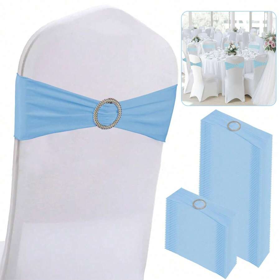 10pcs Bow Chair Bands With Round Buckle Elastic Chair Covers, Hallway Wedding Chair Back Decoration, Suitable For Birthday Party, Hotel Hospitality Event, Reception Ceremony, Banquet, Photography Prop Decoration - Baby Blue - View 1