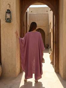 女款純色百褶上衣與長褲阿拉伯風套裝，適合派對、休閒、度假、旅行穿著 - 玫紅色 - 查看 4