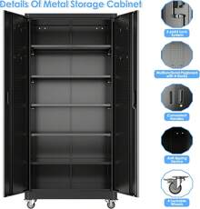 Rolling Metal Storage Cabinet With Wheels, Heavy Duty Steel Garage Tool Organizer Chest With Two Drawers And Pegboard Hooks, Lockable Mobile Utility Cabinet Storage Rack For Workshop, Black - Black - View 8