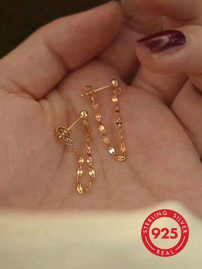 Pendientes de plata de ley S925 con cadena de labios pequeños, brillo galáctico, doble capa, borlas largas y cortas, con perno delantero y trasero, para mujer, estilo minimalista clásico, moda de lujo, elegante y dulce, para vacaciones y fiestas