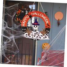 1pc Happy Halloween Wooden Door Hanging Decor, Spider Web Pumpkin Ghost Skull Wall Plaque, Front Porch Party Decoration - Multicolor - View 6