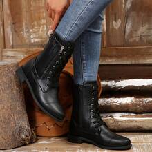 Women's Black Autumn/Winter Warm Fleece Lined Solid Color Basic Lace-Up Side Zipper Short Boots, Suitable For Autumn/Winter Outdoor Parties - Black - View 5