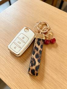 適用於鑰匙套與鑰匙圈，汽車鑰匙收納架，Sprinter、Polo、Lavida、Golf、Polo、Smart 遙控鑰匙保護殼，軟殼保護您的汽車鑰匙免受刮傷，汽車鑰匙裝飾櫻桃吊飾豹紋圖案，時尚鑰匙搭配 - 豹紋櫻桃腕帶 - 查看 10