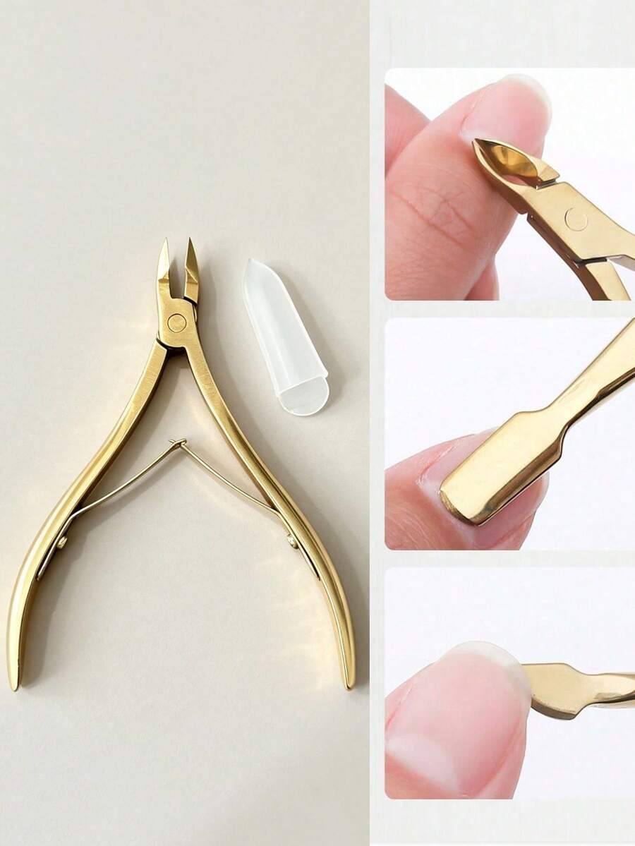 1pc Stainless Steel Nail Clipper, Cuticle Pusher Nail Removal Tool - Gold - View 1