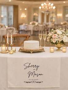 Personalized Wedding Table Runner, Custom White Polyester Linen Fabric Couple Table Runner (Includes Name And Date), Elegant Wedding Reception Decor Sign - Multicolor - View 5