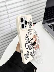 1pc White Lychee Texture Matte Minimalist Butterfly Painted Anti-Fall Phone Protective Case With Phone Lanyard Compatible With IPhone 17pro/17Air/17/17promax/16/11/16pro/16plus/16promax/16e/15Promax/13/14/12/XS/XR/7G/8P, Anti-Fall Phone Protective Case - Multicolor - View 6
