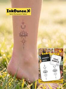 1 Kit "Lotus Moon" New Technology Tattoo Sticker, Semi-Permanent, Spiritual, Fine-Line, Dainty, Temporary Tattoo, Fake Tattoo, Waterproof & Long-Lasting Realistic Design, Plant-Based Formula, InkDance, Ink Dance, Gift MNF006 - Black - View 1