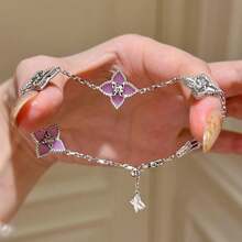 1pc Fashion Elegant Elegant Exquisite Luxury Sweet Personalized Niche Design High-End Cubic Zirconia Four-Leaf Clover Second-Hand Suitable For Women's Daily Wear - Silver - View 3