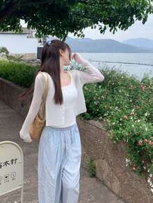 素色V領鈕扣開襟短款長袖鏤空羅紋針織開襟衫上衣，春夏白色秋季 - 白色 - 查看 4