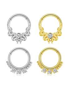 1pc Exquisite CZ Hinged Clicker Nose Ring, 2 Styles: Snake Design & Beaded Three-Stone Cubic Zirconia Segment Jewelry, 316L Hypoallergenic Stainless Steel, Multi-Purpose Nose Piercing, Cartilage, Ear Canal & Nose Jewelry - Multicolor - View 1