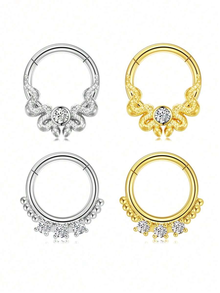 1pc Exquisite CZ Hinged Clicker Nose Ring, 2 Styles: Snake Design & Beaded Three-Stone Cubic Zirconia Segment Jewelry, 316L Hypoallergenic Stainless Steel, Multi-Purpose Nose Piercing, Cartilage, Ear Canal & Nose Jewelry - Multicolor - View 1