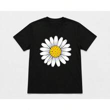 Y2K Simple Daisy Graphic Crew Neck Short Sleeve Tee Casual Loose Fit Daily Summer Top For Women - 黑色 - 查看 2