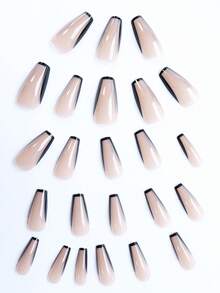 24pcs Nude & Black French Trapezoid Nail Stickers - 彩色 - 查看 2