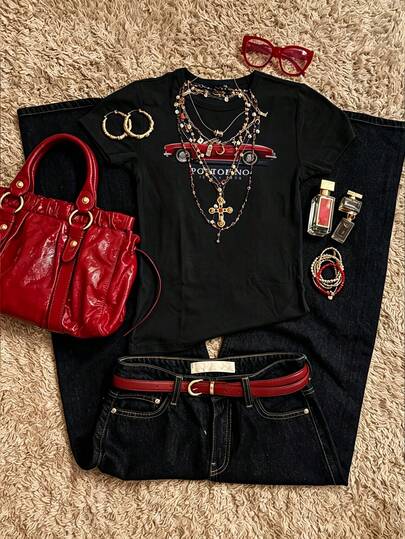 Casual Minimalist Street Style Retro Punk Y2K Versatile Airport Outfit, Solid Color Car English Print, Women's Round Neck Short Sleeve Casual T-Shirt