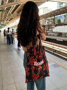French-Inspired South Seas-Style Canvas Bag With Vintage Red Roses, Shoulder Strap, Large Capacity Perfect For Daily Commuting And Business Use - Rose Red - View 4