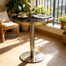Modern Round Side Table With A Gold Stainless Steel Frame And Marble-Look Top For The Living Room, Luxury Side Table With A Sturdy Base. - 黑色+中密度纖維板 - 查看 2