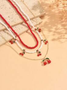 3pcs/Set Fashion Sweet Cherry Pendant Tassel Red White Rice Bead Beaded Necklace, Popular Dopamine Women's Neck Jewelry, Suitable For Daily Wear, Dating, Party And Vacation - Multicolor - View 3