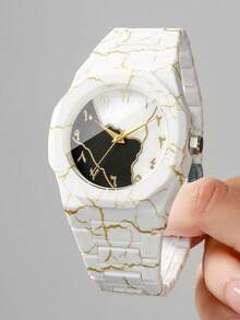 Women's Plastic Strap Fashion Marble Pattern Arabic Numeral Dial Classic Casual Quartz Wristwatch, Gift For Girlfriend (1pc/Set) Watch Box Not Included - White - View 3