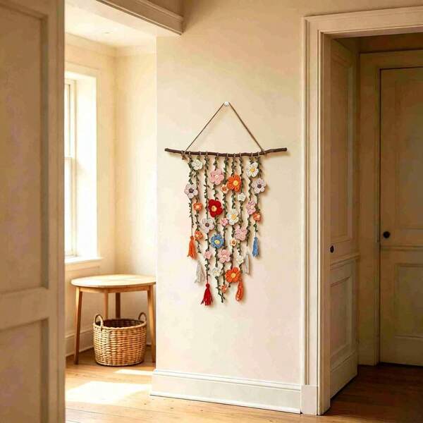 Crochet Flower Garden Wall Hanging, Handmade Crochet Flower Wall Decor, Bohemian Macrame Floral Decor, Cotton Cascading Flowers Art For Farmhouse Bedroom Living Room