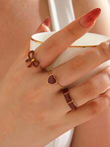 Set 3 buah cincin minimalis motif pita dan hati dari baja tahan karat, cocok untuk pemakaian sehari-hari wanita. - Burgundy - View 1