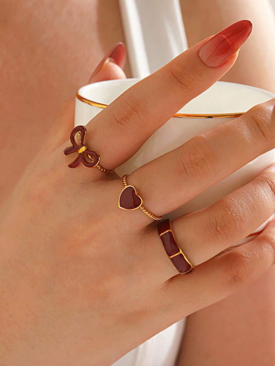 Set 3 buah cincin minimalis motif pita dan hati dari baja tahan karat, cocok untuk pemakaian sehari-hari wanita. - Burgundy - View 1