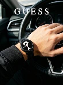 GUESS 啞光黑一體式錶殼 巨型問號錶盤 壓紋 Logo 矽膠錶帶 雙針中性石英手錶 V1041M2 - 黑色 - 查看 4