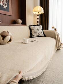 ALPLUME 1pc Ultra Soft Chenille Solid Color Diamond Lattice Sofa Throw Blanket - Suitable For All Seasons, Easy To Clean And Non-Shrink, Perfect Gift For Friends And Family, Full Coverage Sofa Cover With Tassel Detail - Machine Washable, Anti-Scratch, Fits 1-4 Seater Sofas, Sofa Blanket - Khaki - View 4