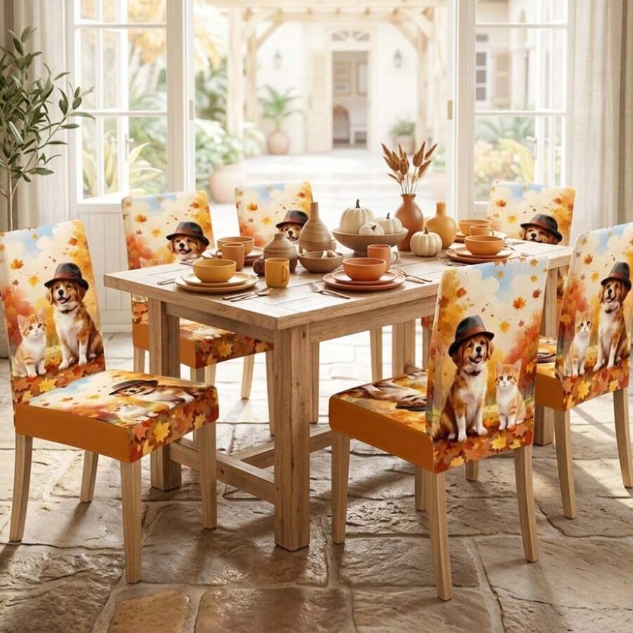 1/2/4/6/20 Stücke, Esszimmer Stuhlbezüge, Herbstliche gefallene Blätter Katzen & Hunde Muster Esszimmer Stuhlbezüge, Heim Restaurant Atmosphäre dekorative Bezüge, Esszimmer, Raum Stuhl Dekoration & Schutzbezüge, abnehmbare & waschbare Esszimmer Stuhlbezüge, Feiertagsgeschenke, Heimgeschenke