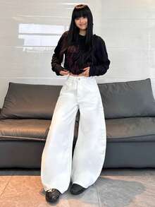 1pc American Street Style Embroidered Women's Cocoon Wide Leg Jeans, Loose Comfortable All-Season Long Pants (This Product Does Not Include Belt/Accessories) - White - View 9